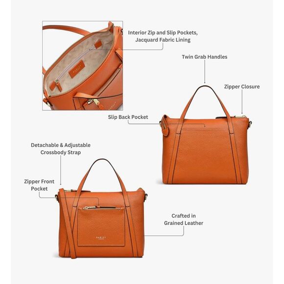 Radley London Portman Small Zip Top Leather Bag in Open Yellow Grab Handles - Picture 4 of 9